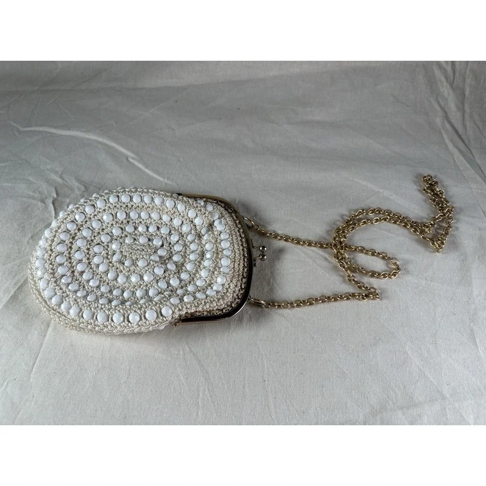 VTG Bobbie Jerome Purse White Crochet Beaded Evening Handbag Boho Made in Italy